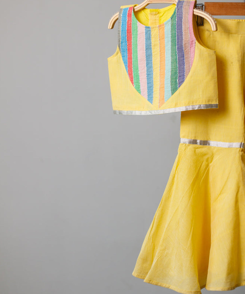 Yellow handwoven multicolor detail cotton top and pant set