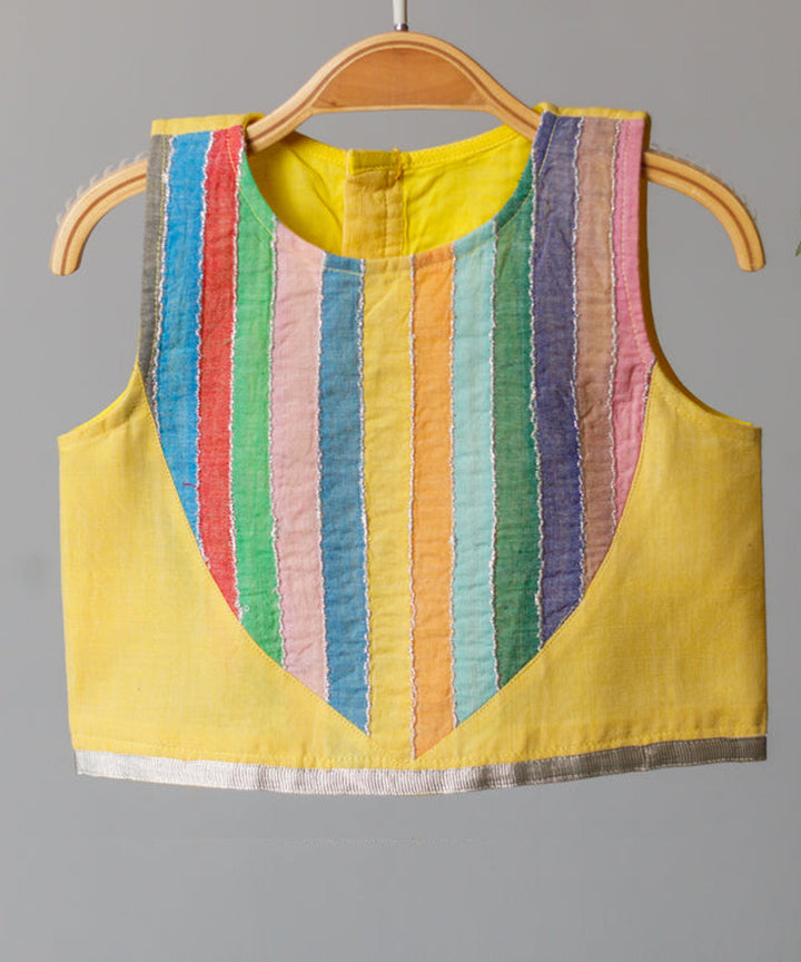 Yellow handwoven multicolor detail cotton top and pant set