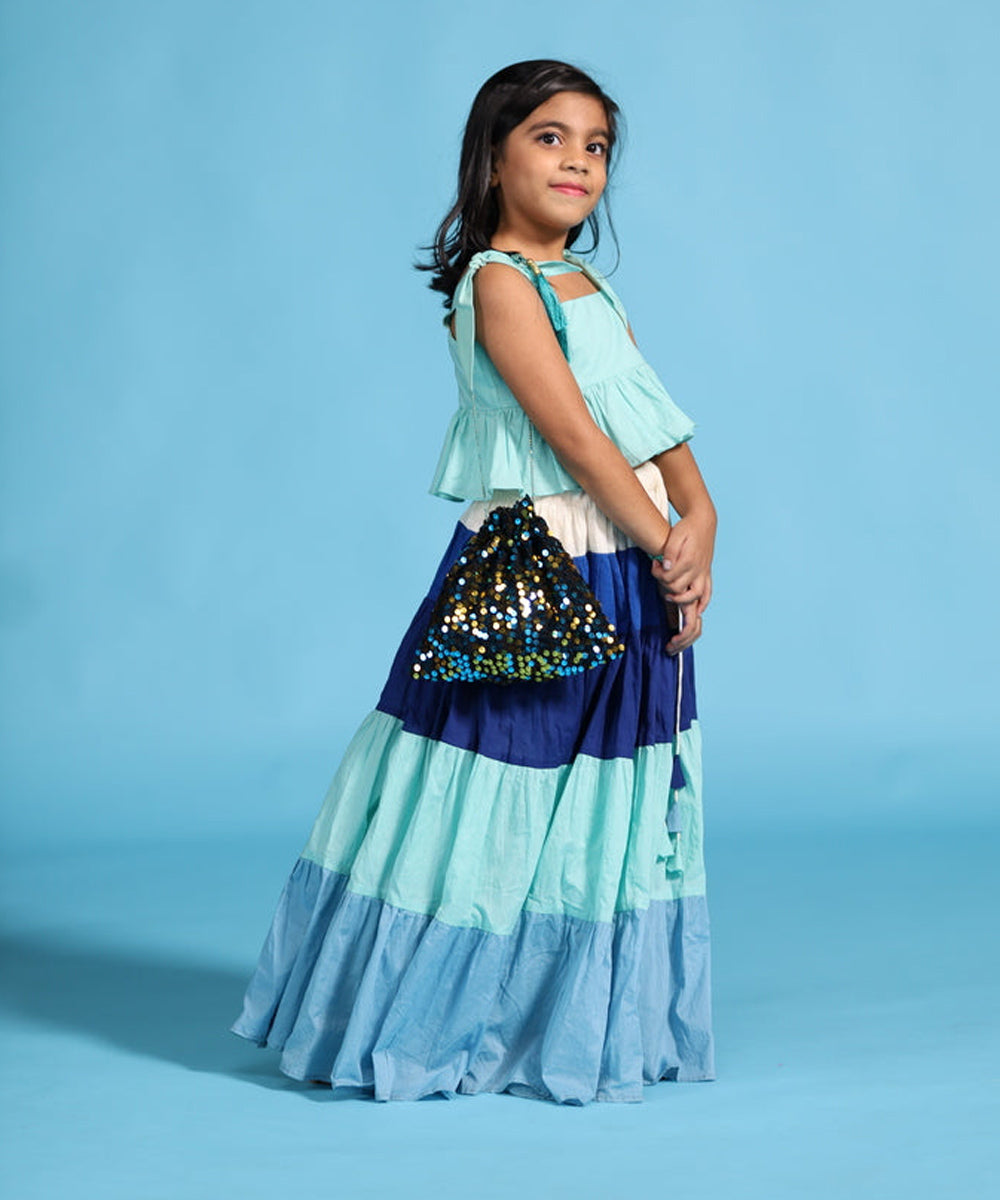 Aqua blue cotton pleated top and long skirt