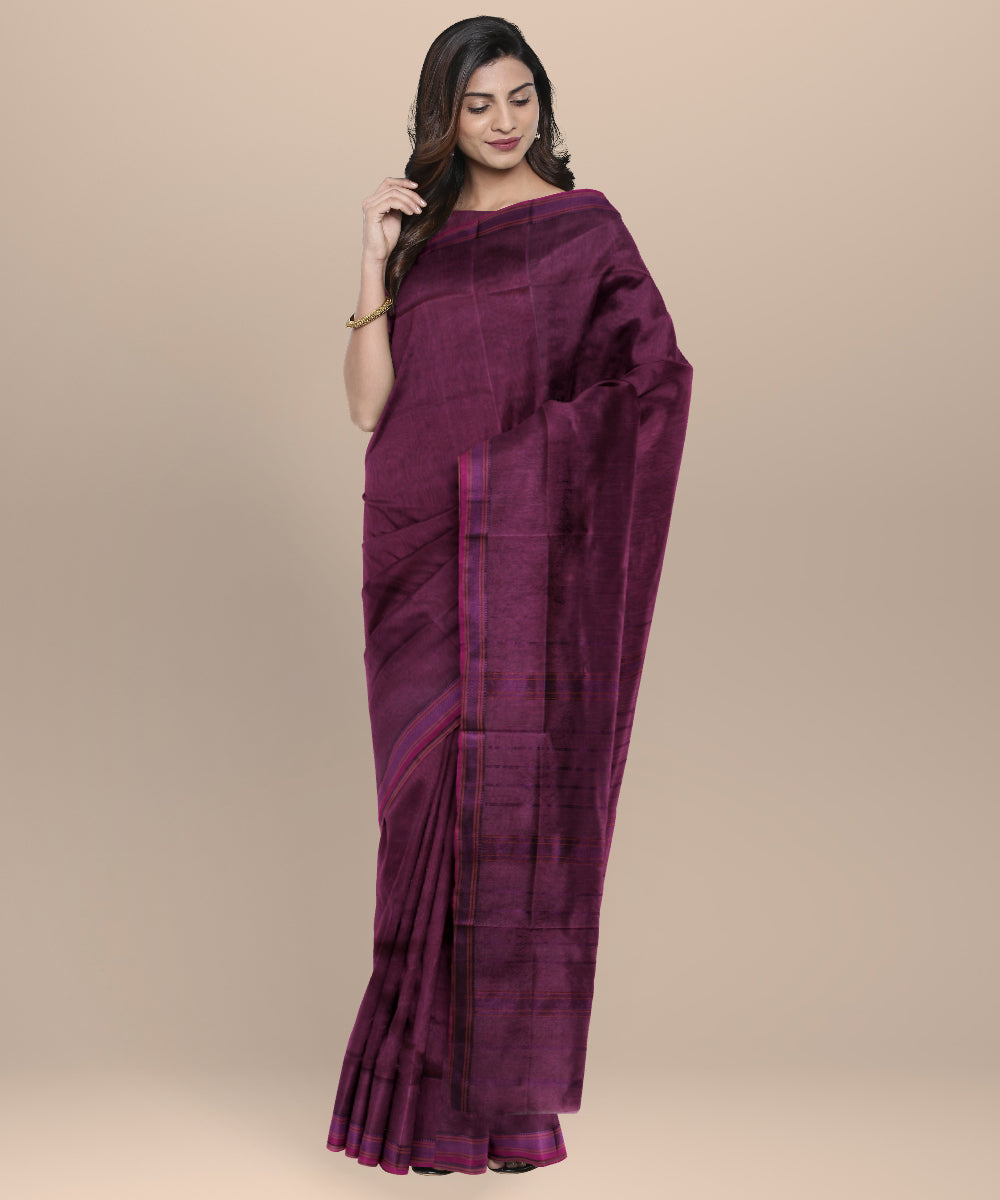 Wine handwoven maheshwari cotton silk saree