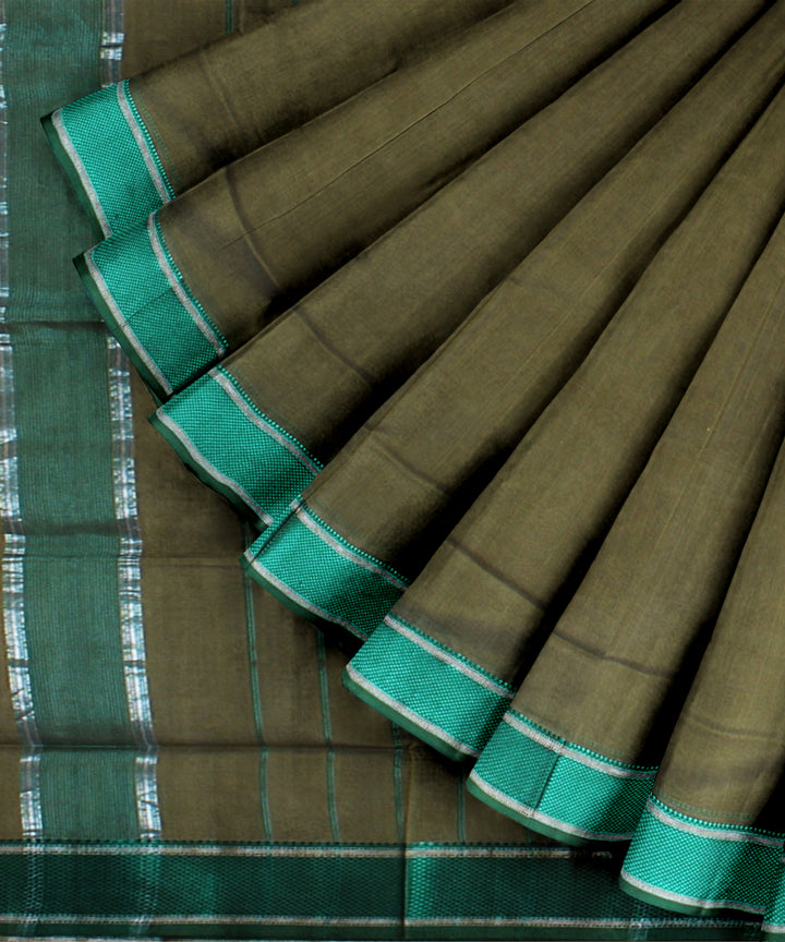 Olive green handloom maheshwari cotton silk saree