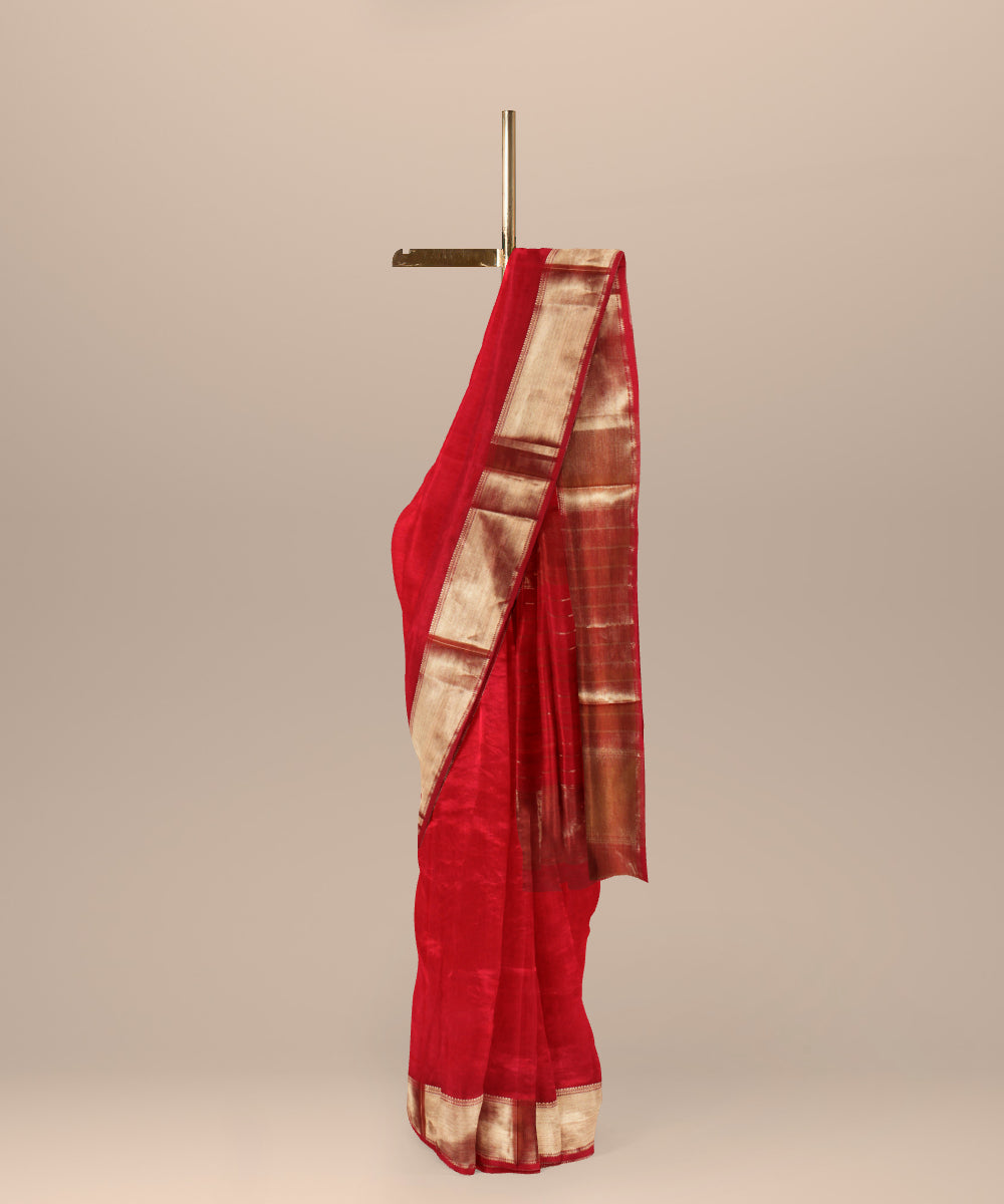 Red maheshwari handwoven cotton silk saree