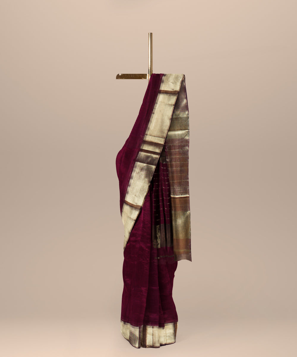 Wine maheshwari handloom cotton silk saree