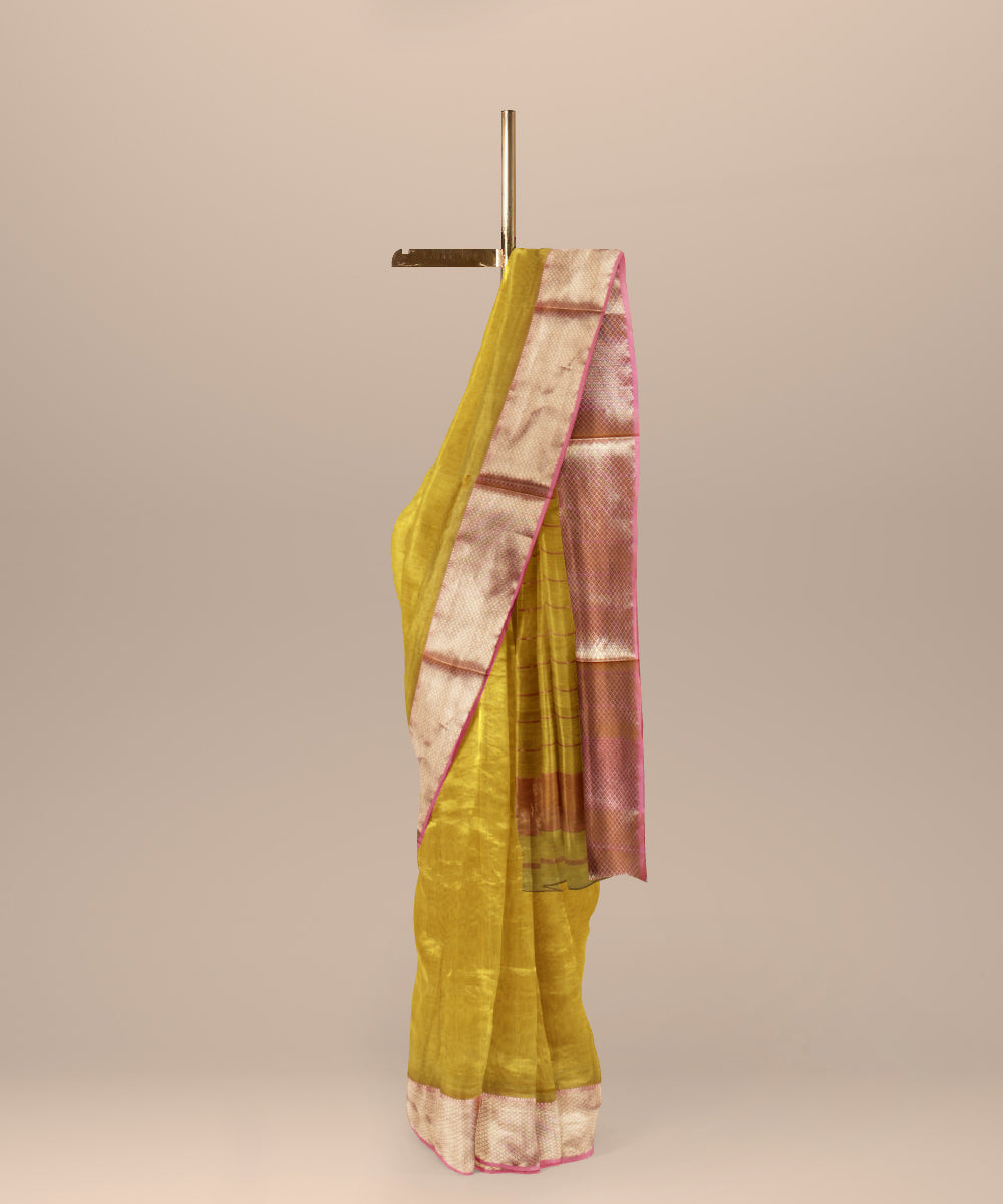 Yellow maheshwari cotton silk handloom saree