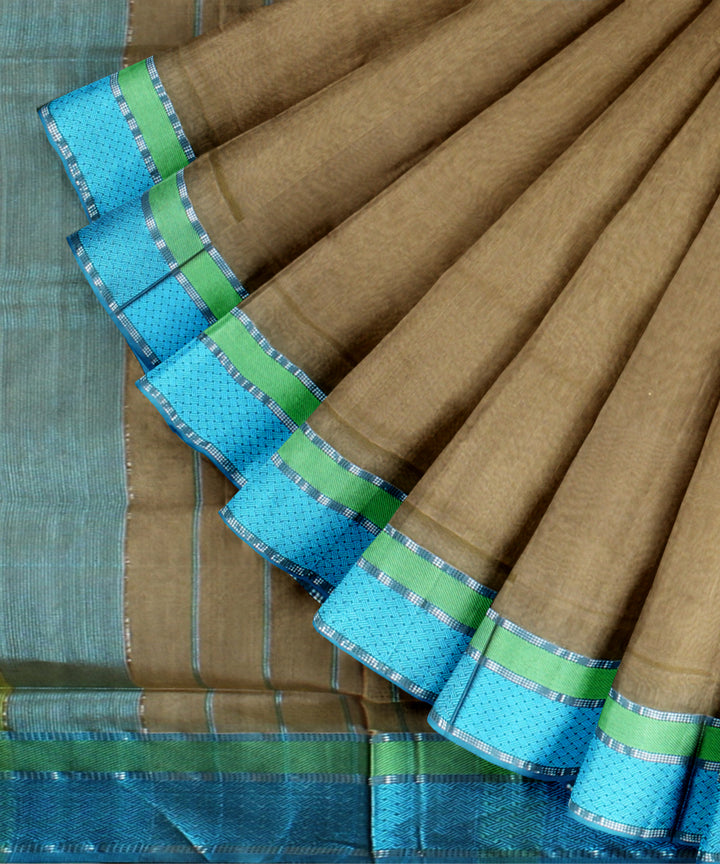 Beige cyan blue handloom maheshwari cotton silk saree