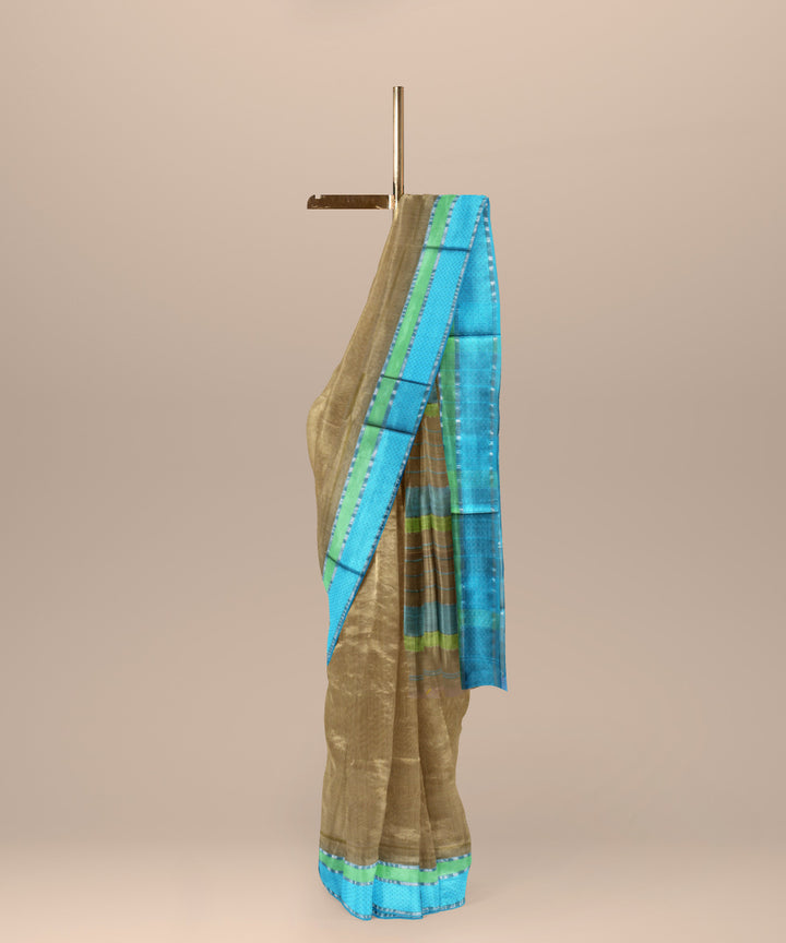 Beige cyan blue handloom maheshwari cotton silk saree