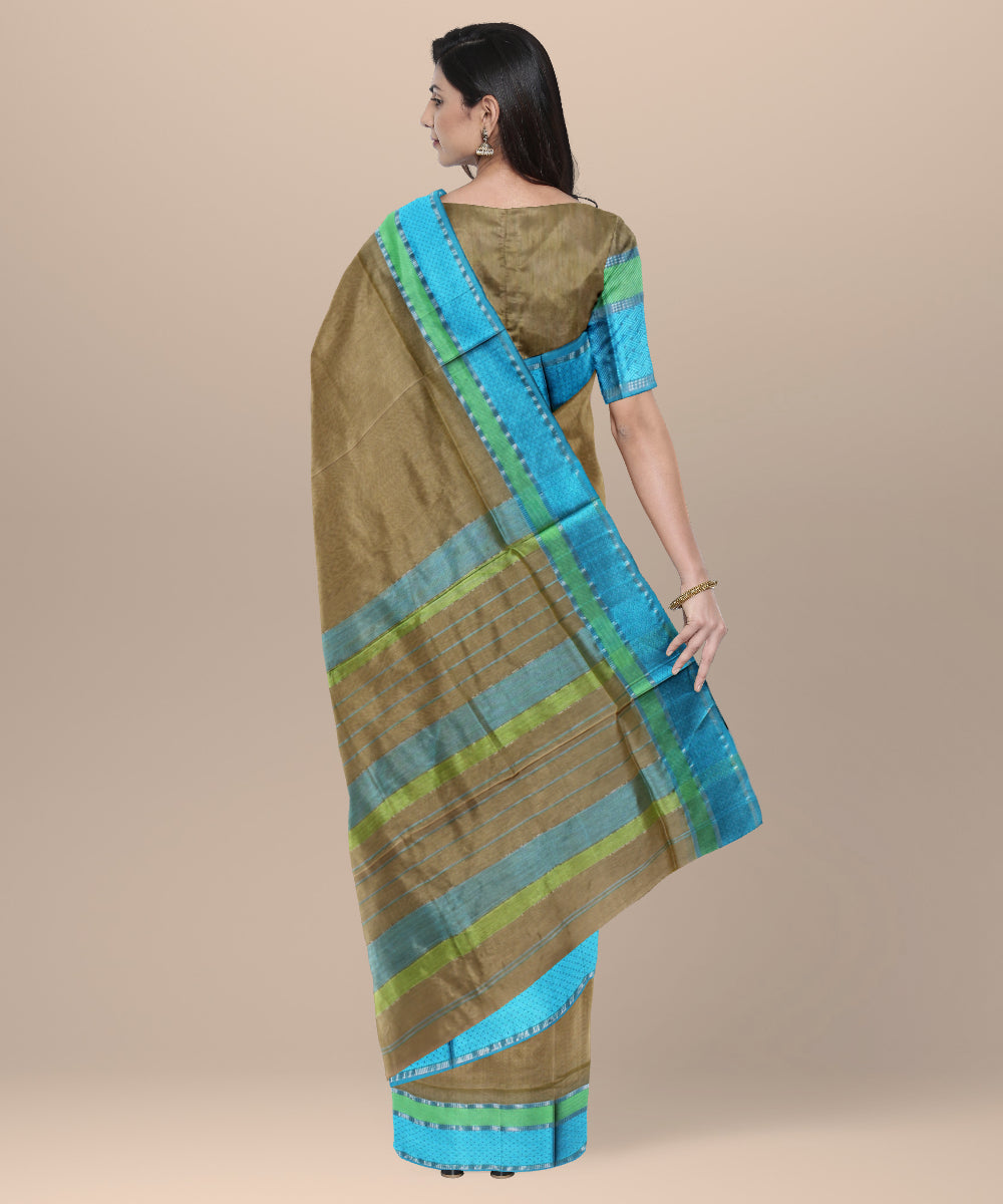 Beige cyan blue handloom maheshwari cotton silk saree