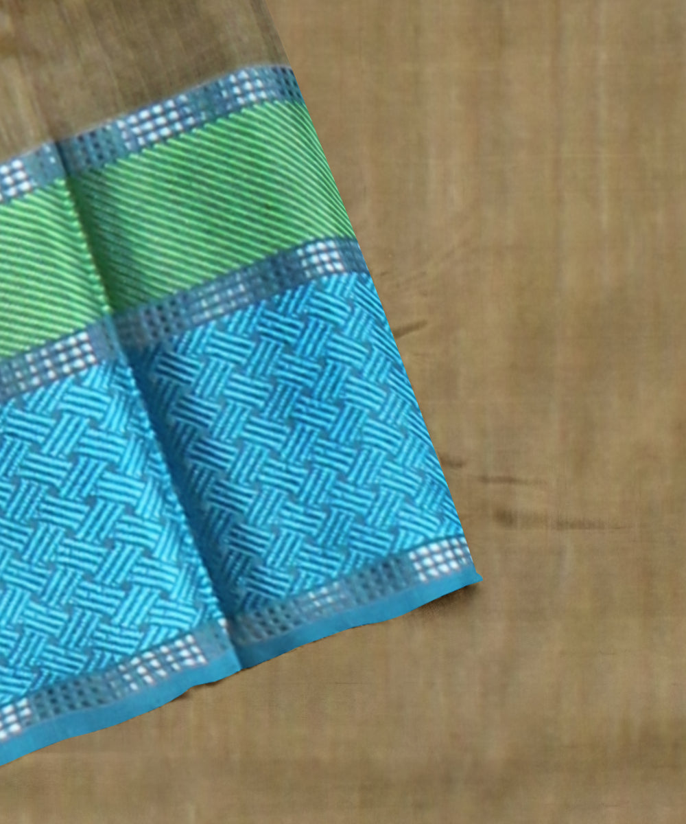 Beige cyan blue handloom maheshwari cotton silk saree