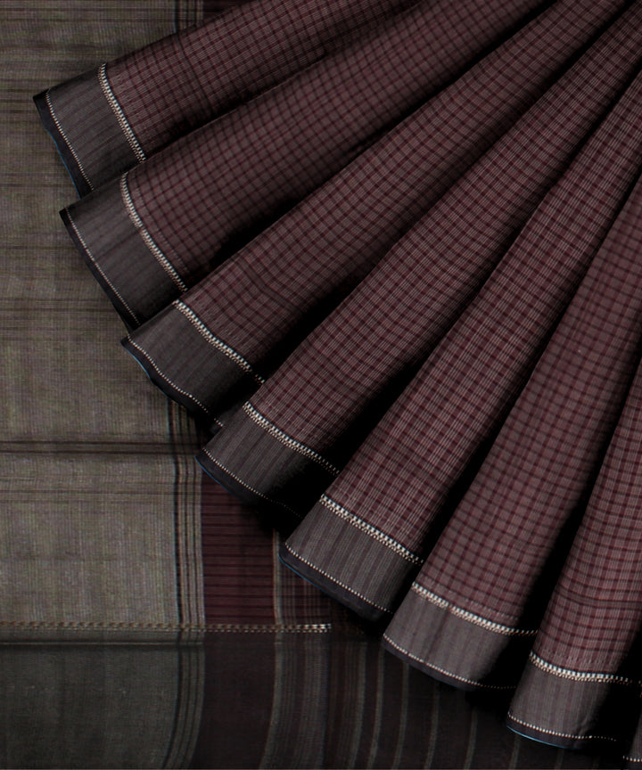 Wine checked handloom maheshwari cotton silk saree