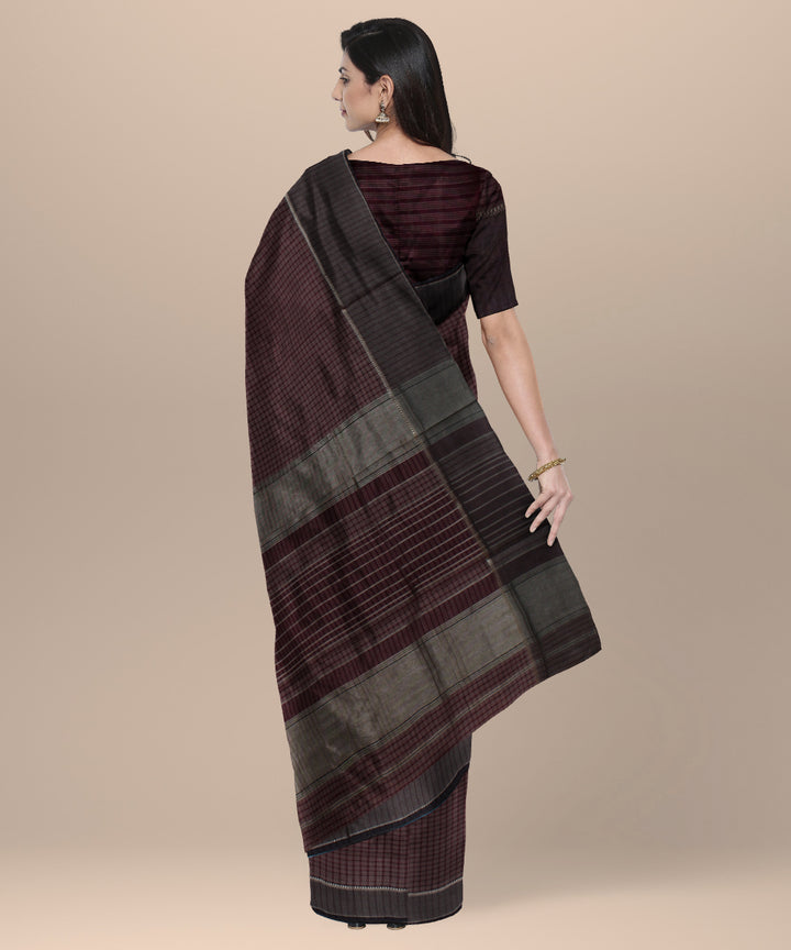 Wine checked handloom maheshwari cotton silk saree