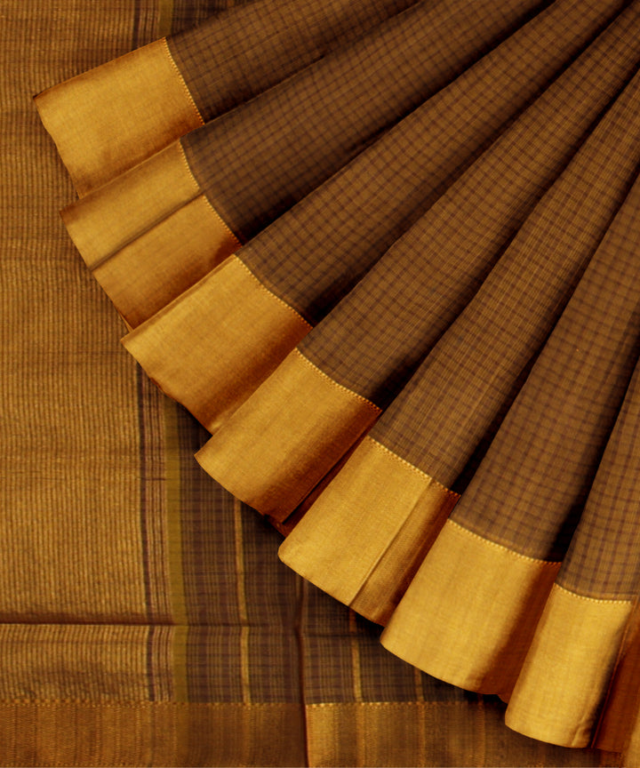 Mustard brown checked handloom maheshwari cotton silk saree