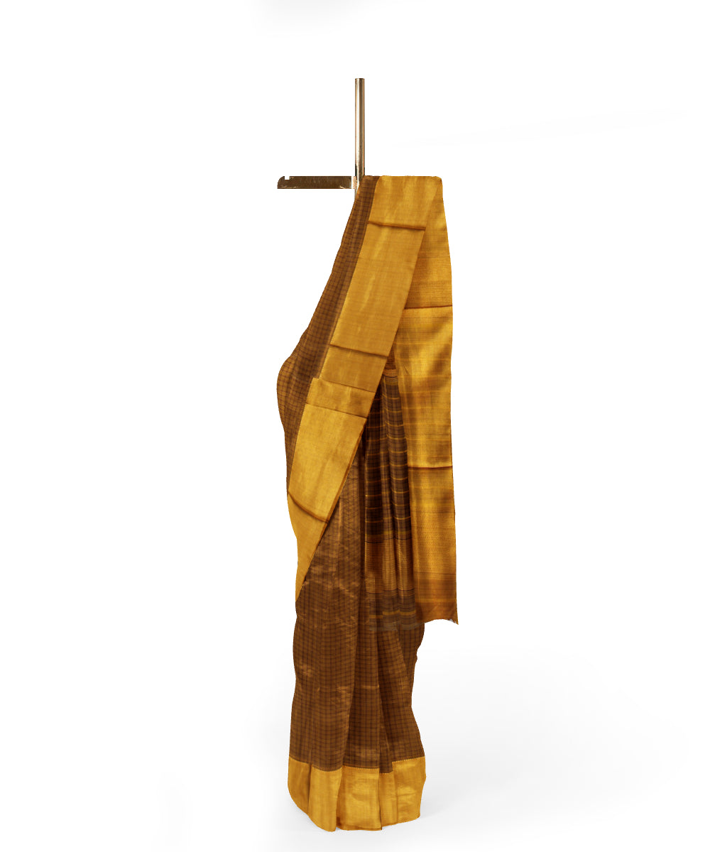 Mustard brown checked handloom maheshwari cotton silk saree
