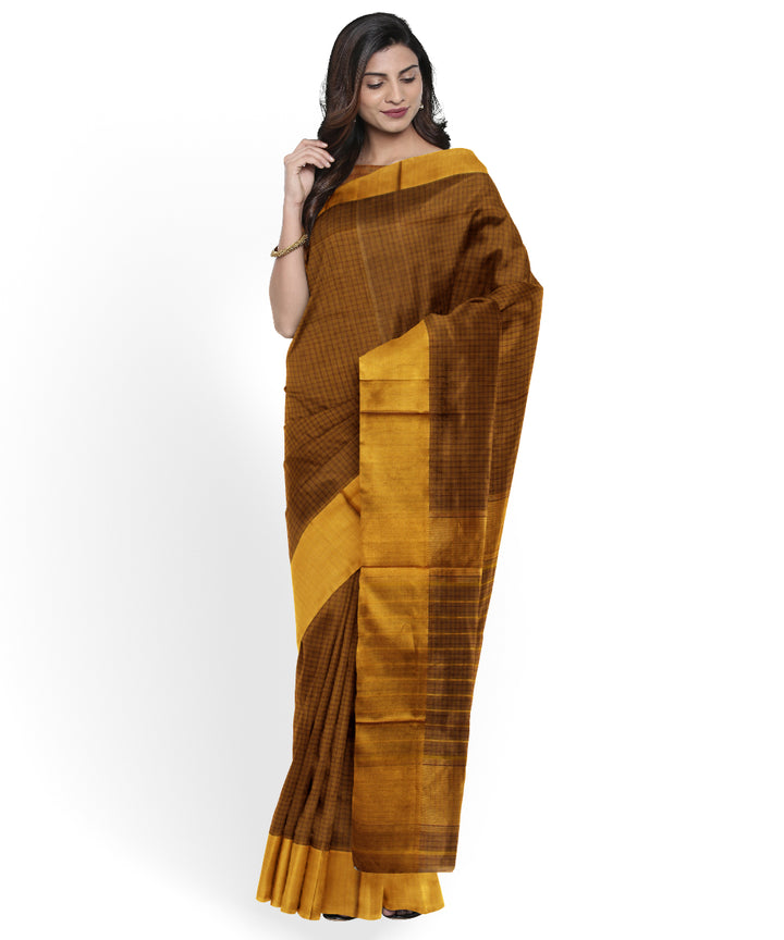 Mustard brown checked handloom maheshwari cotton silk saree