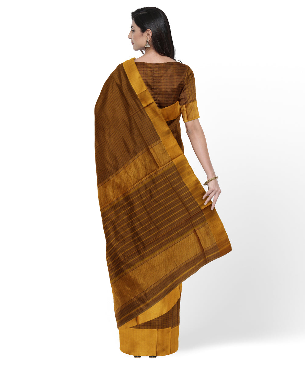 Mustard brown checked handloom maheshwari cotton silk saree