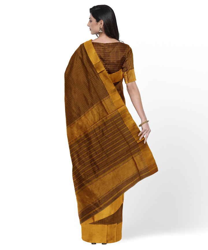 Mustard brown checked handloom maheshwari cotton silk saree