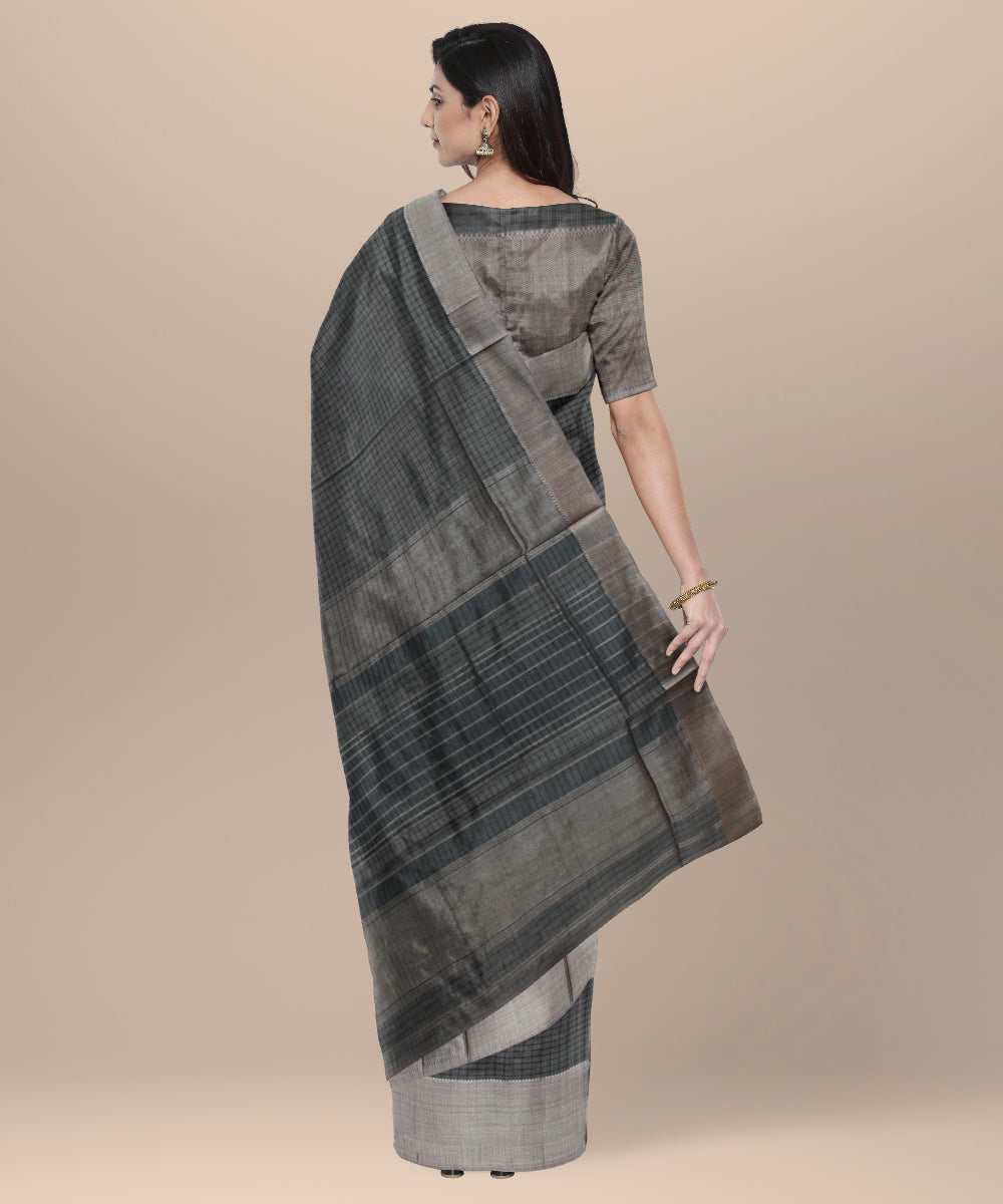 Grey checked handloom maheshwari cotton silk saree