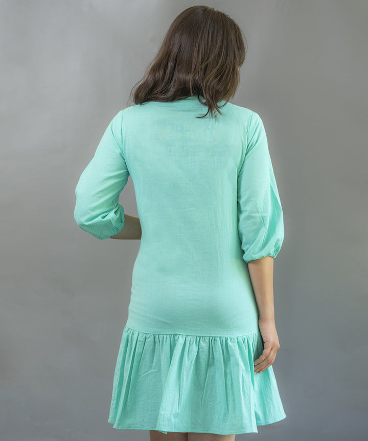 Green handwoven cotton flared short dress