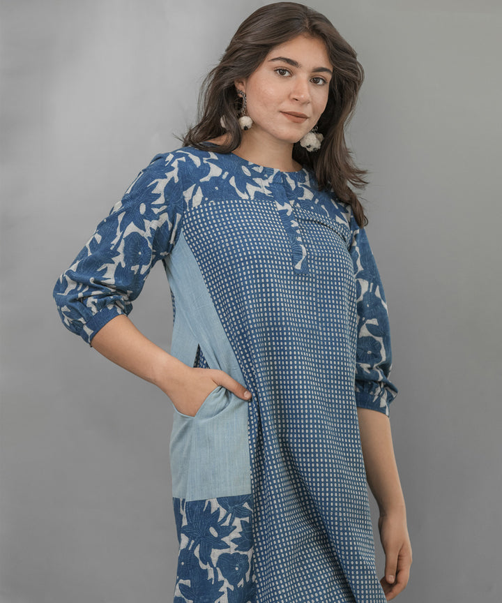 Indigo handblock printed cotton dress