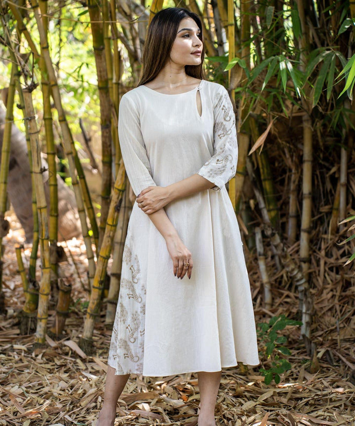 Beige handblock muslin asymmetrical dress