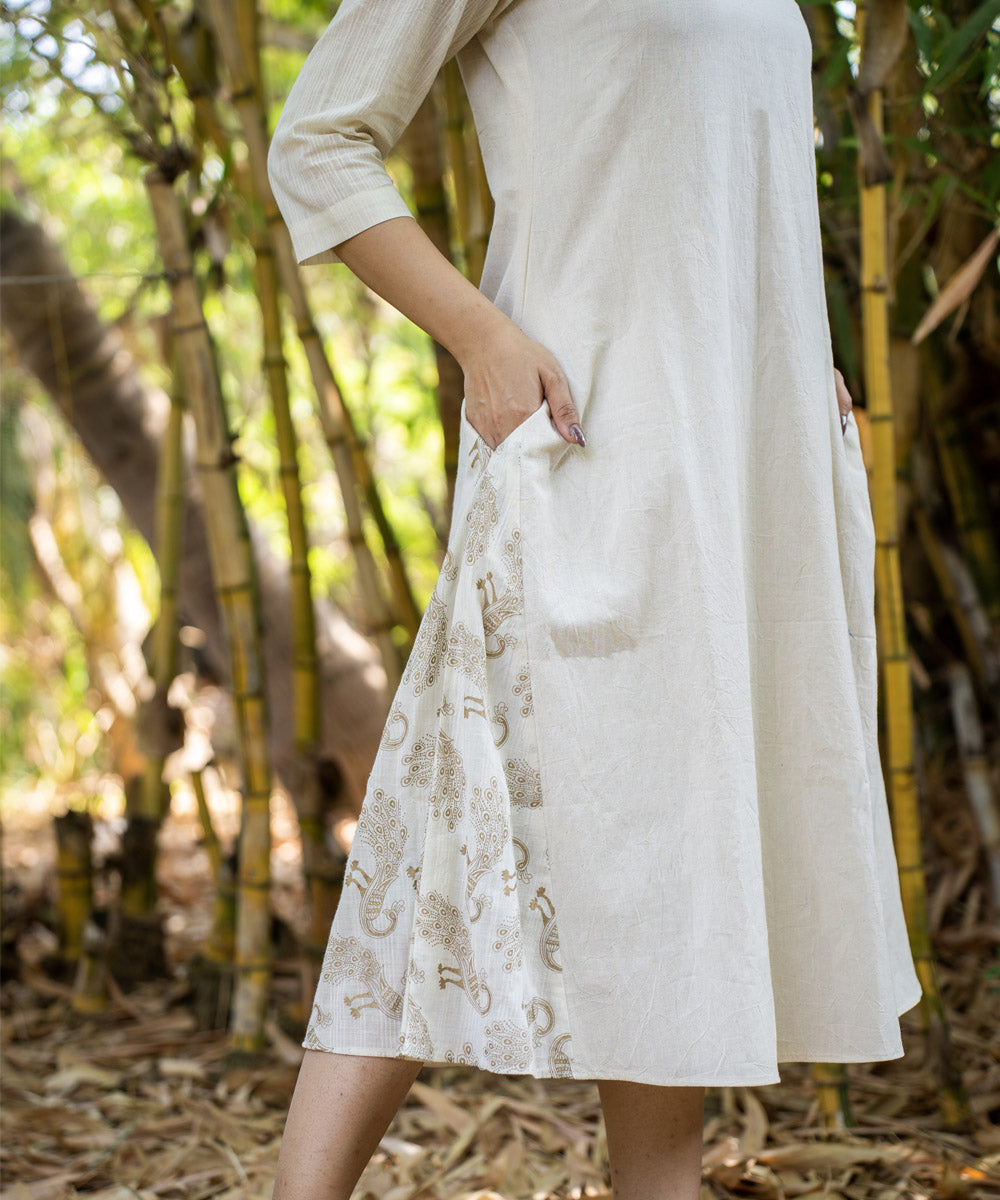 Beige handblock muslin asymmetrical dress