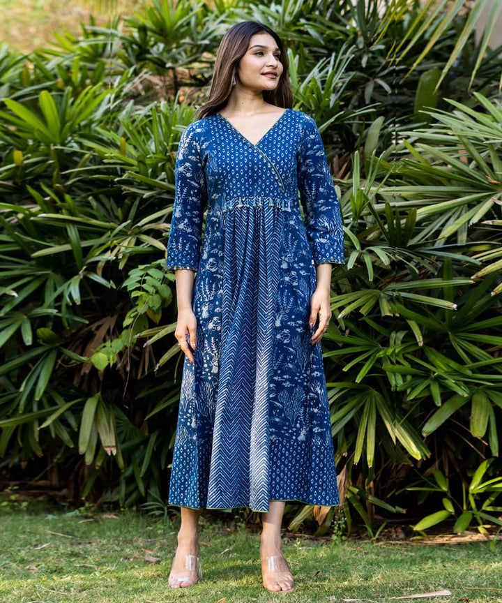 Indigo hand block print embroidered cotton dress