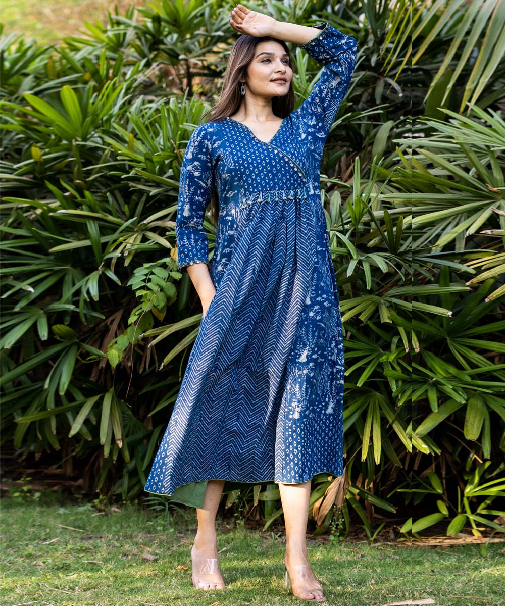 Indigo hand block print embroidered cotton dress