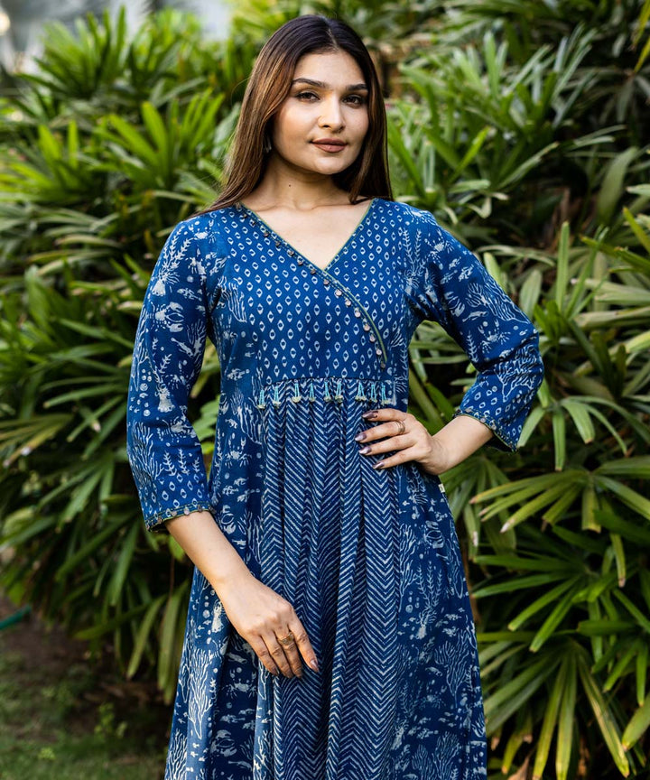 Indigo hand block print embroidered cotton dress