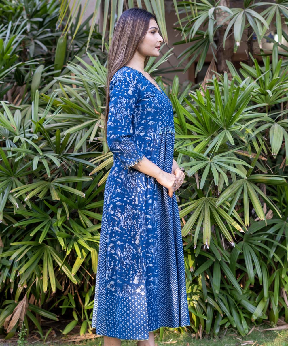 Indigo hand block print embroidered cotton dress