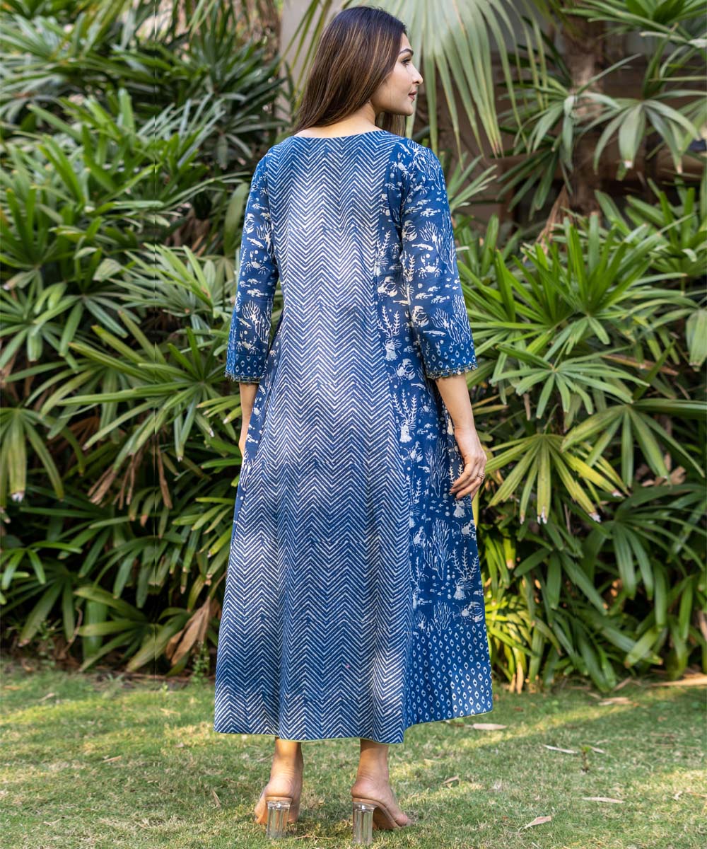 Indigo hand block print embroidered cotton dress