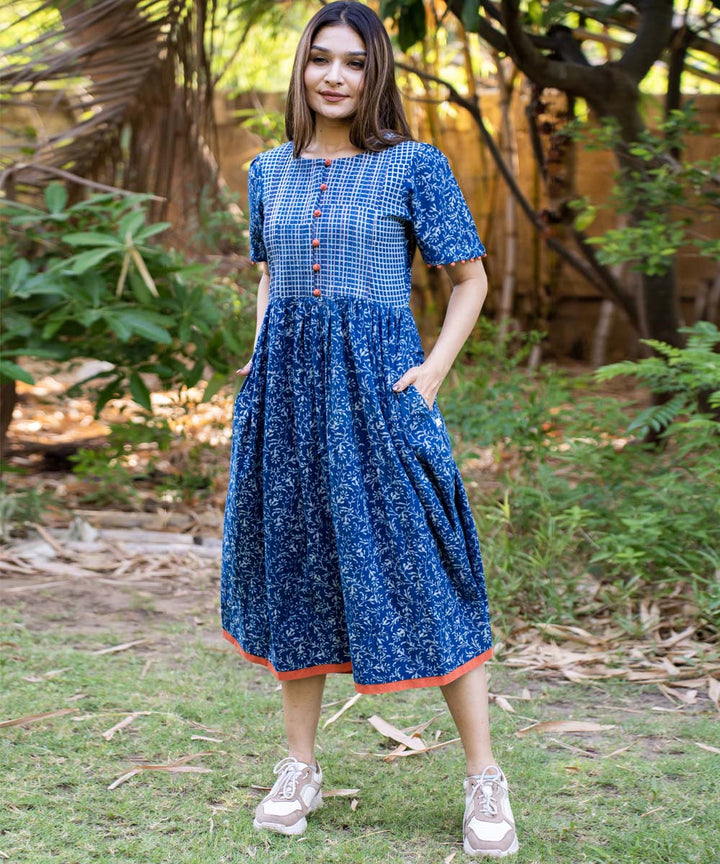 Indigo hand block print cotton pintuck dress