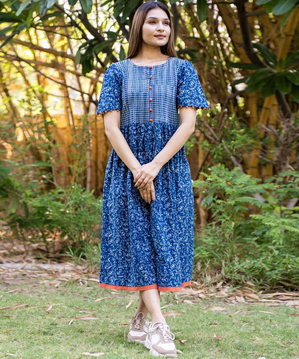 Indigo hand block print cotton pintuck dress