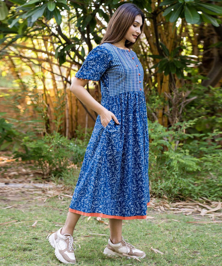 Indigo hand block print cotton pintuck dress