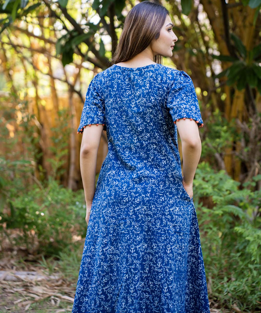 Indigo hand block print cotton pintuck dress