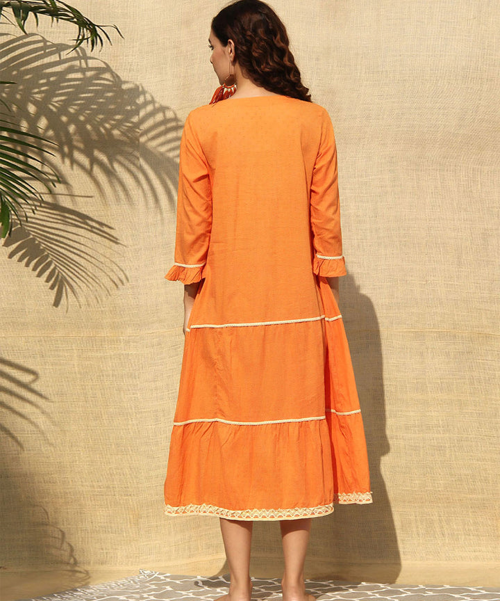 Orange handwoven cotton tiered midi dress