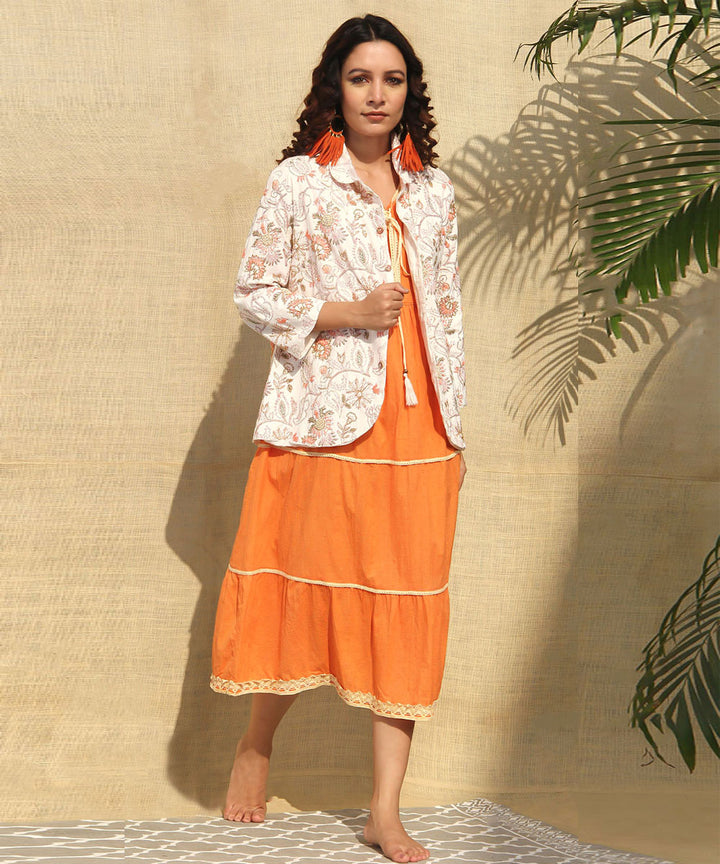 Orange offwhite hand embroidery cotton dress and jacket set