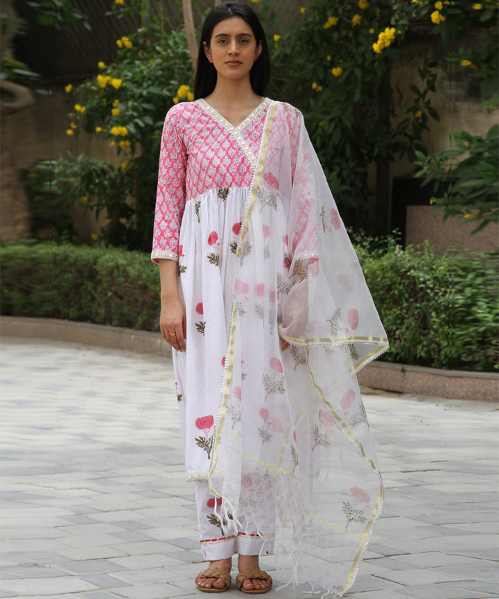 White pink hand block printed cotton suit set of 3