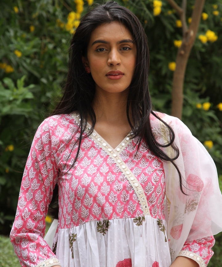 White pink hand block printed cotton suit set of 3