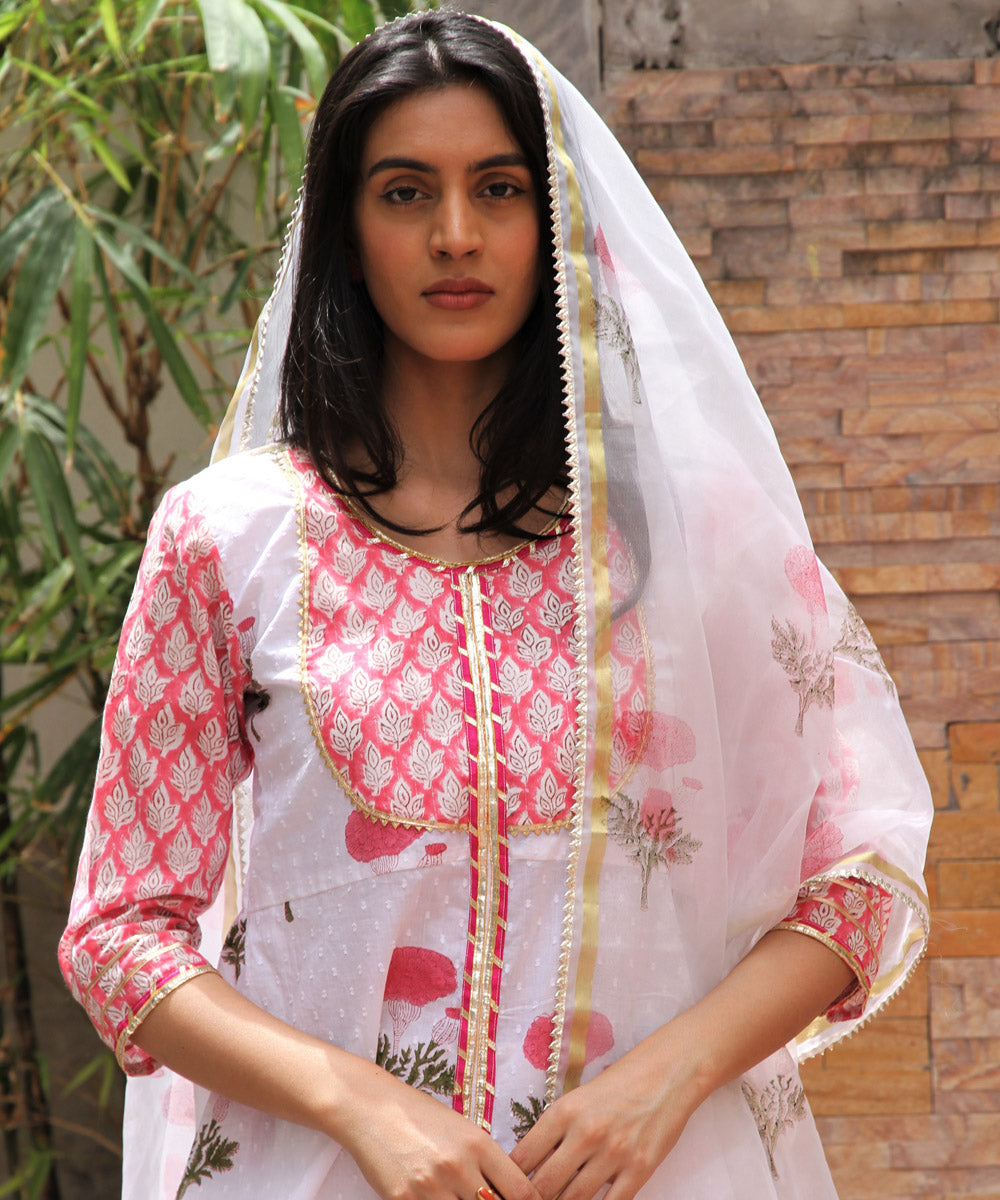 White hand block printed cotton gharara suit set of 3