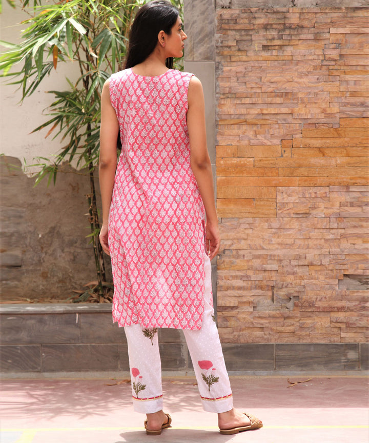 White pink hand block printed cotton kurta set of 3