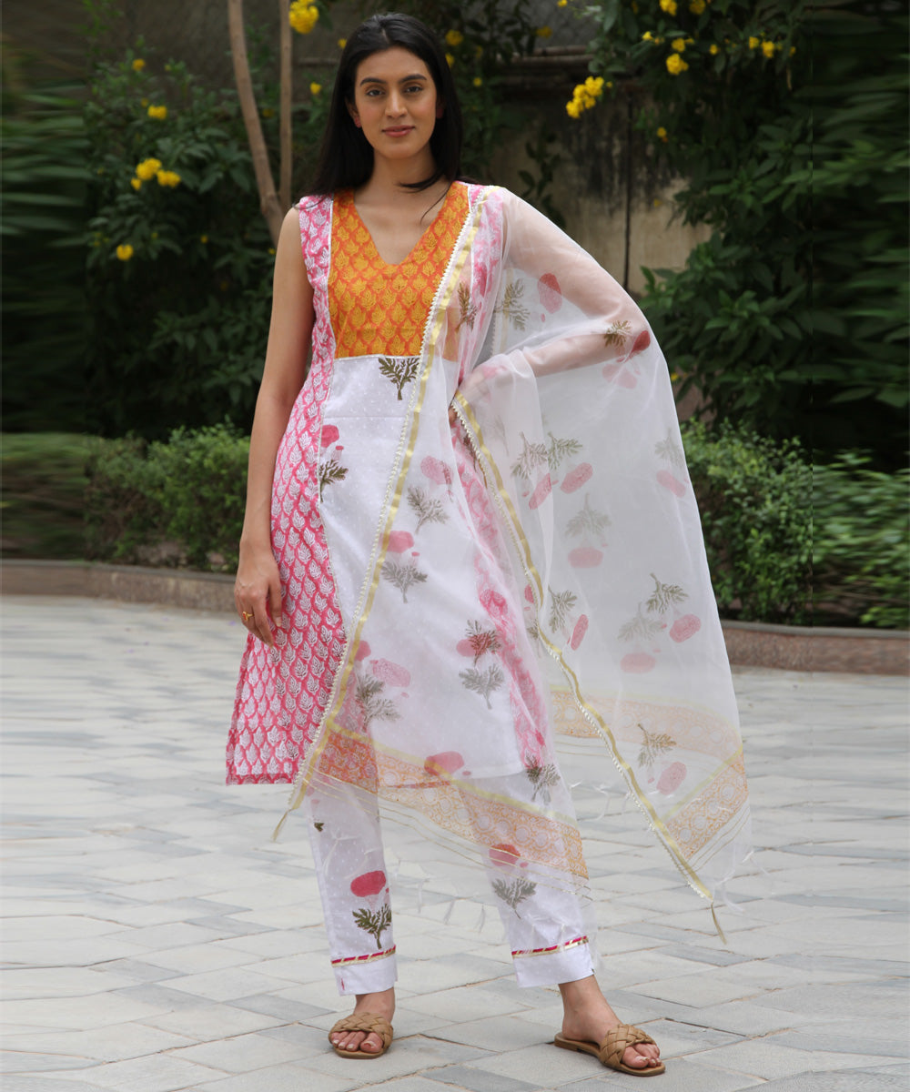 White pink hand block printed cotton kurta set of 3