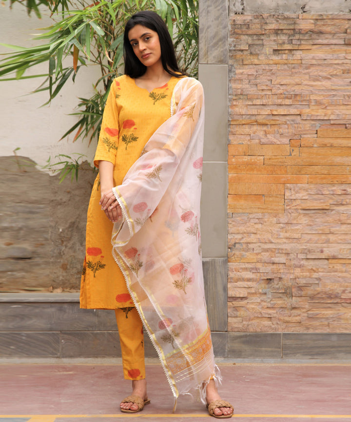 Yellow hand block printed cotton suit set of 3