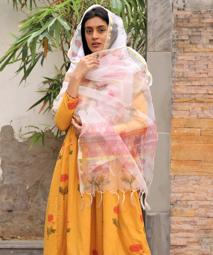 Yellow hand block printed cotton angrakha suit set of 3