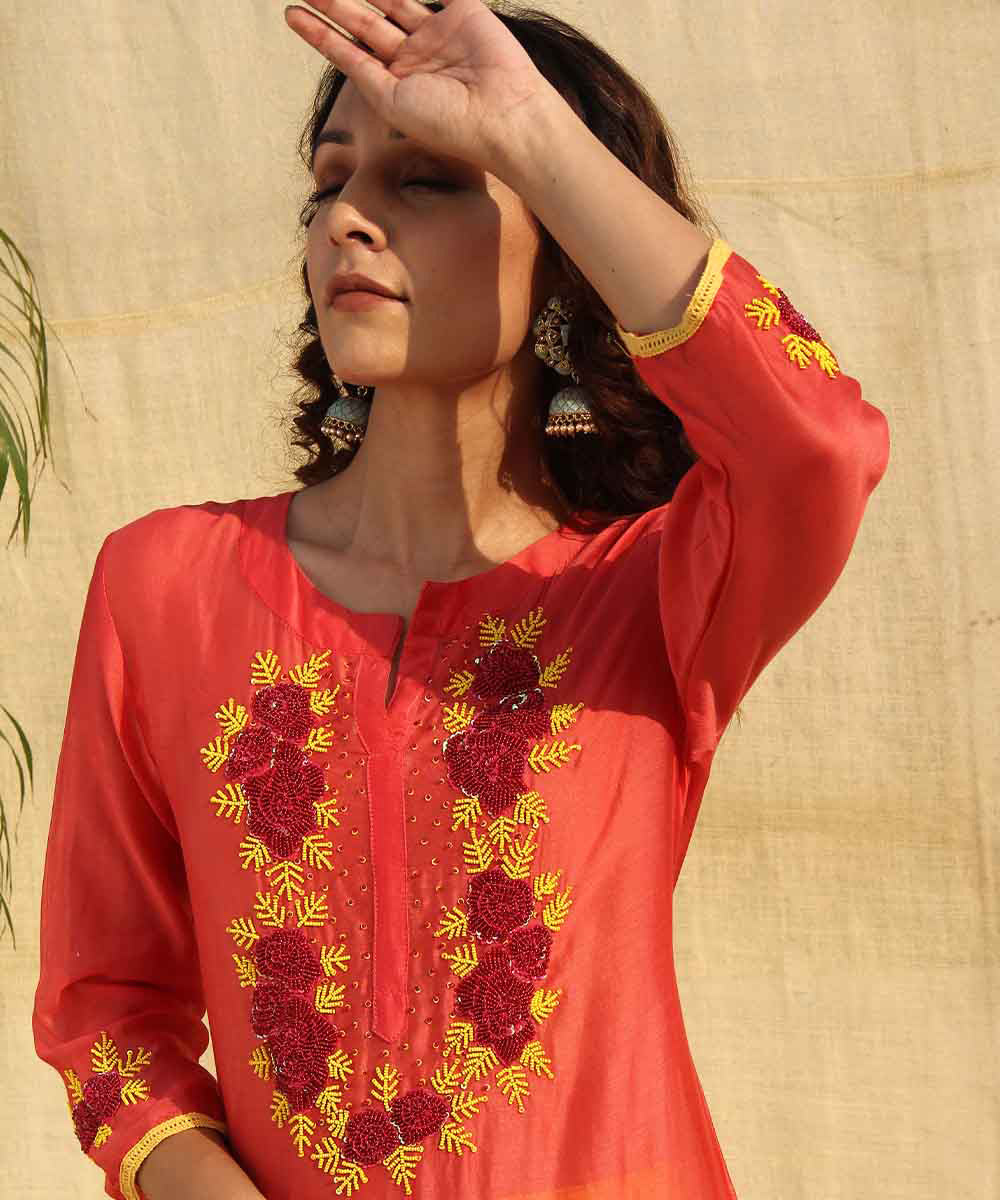Red yellow hand embroidered chanderi silk kurta set of -3