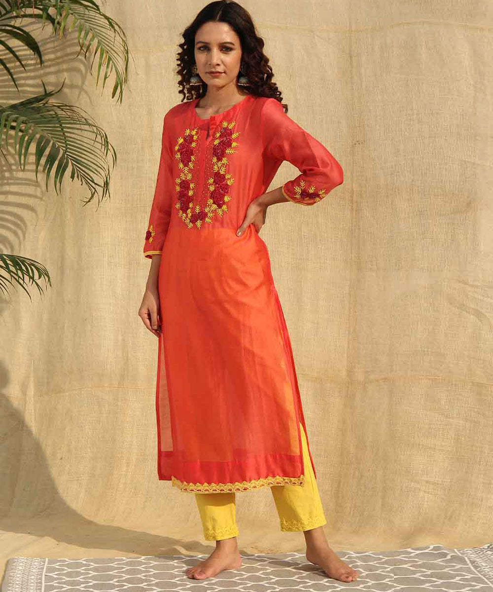 Red yellow hand embroidered chanderi silk kurta set of -3
