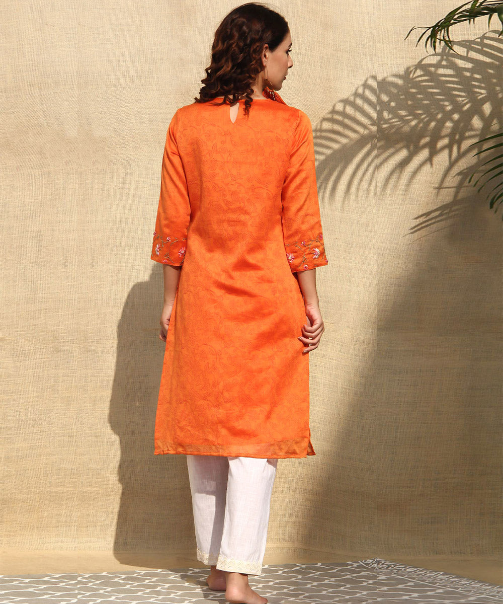 Orange white hand embroidered chanderi silk kurta set-2