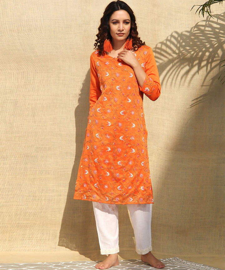 Orange white hand embroidered chanderi silk kurta set-2