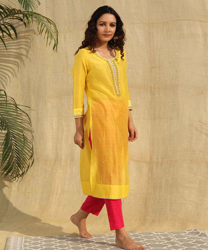 Yellow red hand embroidered chanderi silk kurta set of 3