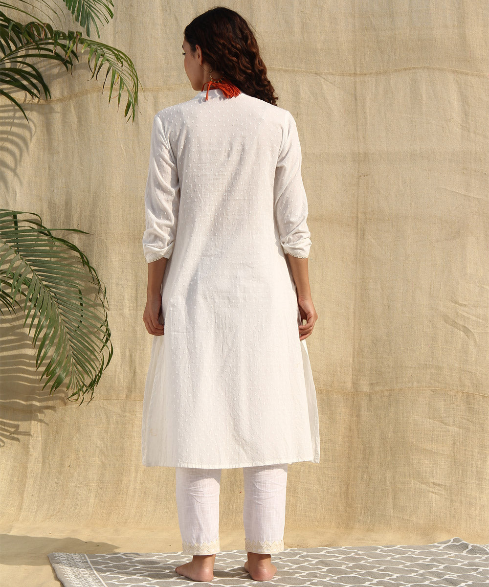White hand embroidered cotton dobby kurta set of-2