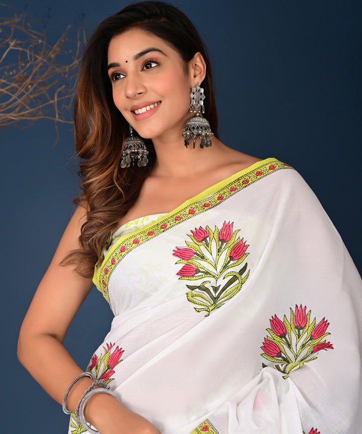 Offwhite multicolor pallu Hand Block Printed Cotton Saree