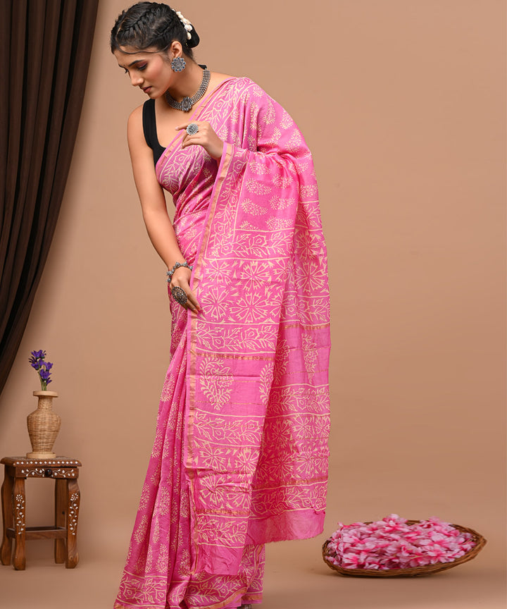 Pink offwhite cotton silk sanganeri hand block printed saree